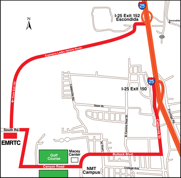 Map showing directions to EMRTC main building from I-25 Map showing directions to EMRTC main building from I-25